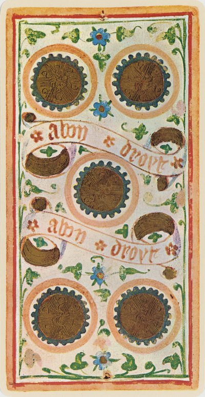 The Five of Coins, facsimile of a tarot card from the 